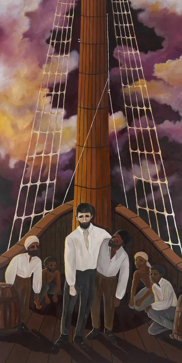 An artwork showing a white captain being propped up by a black seafarer on the deck of a ship. Stormy skies are in the background
